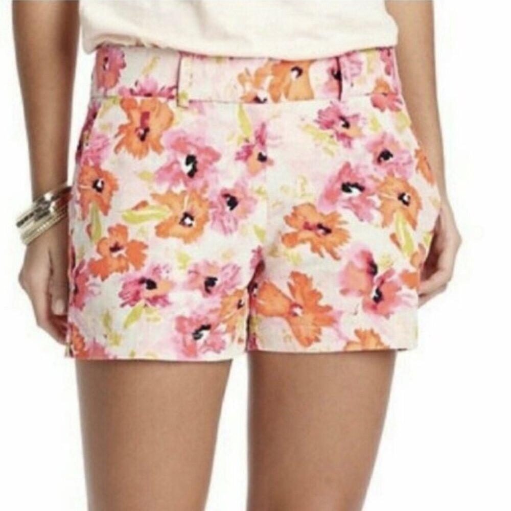 Ann Taylor Loft Floral Print Linen Blend Shorts Pink Orange Plus Size 14